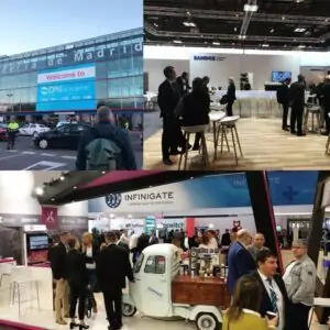 Feria de Madrid zur CPHI Worldwide, Messestand von Sandoz und mobile Ape-Kaffeebar