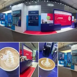Messestand von Alnylam mit Barista-Bar und Latte Art bei der DGK-Jahrestagung im Rosengarten Mannheim